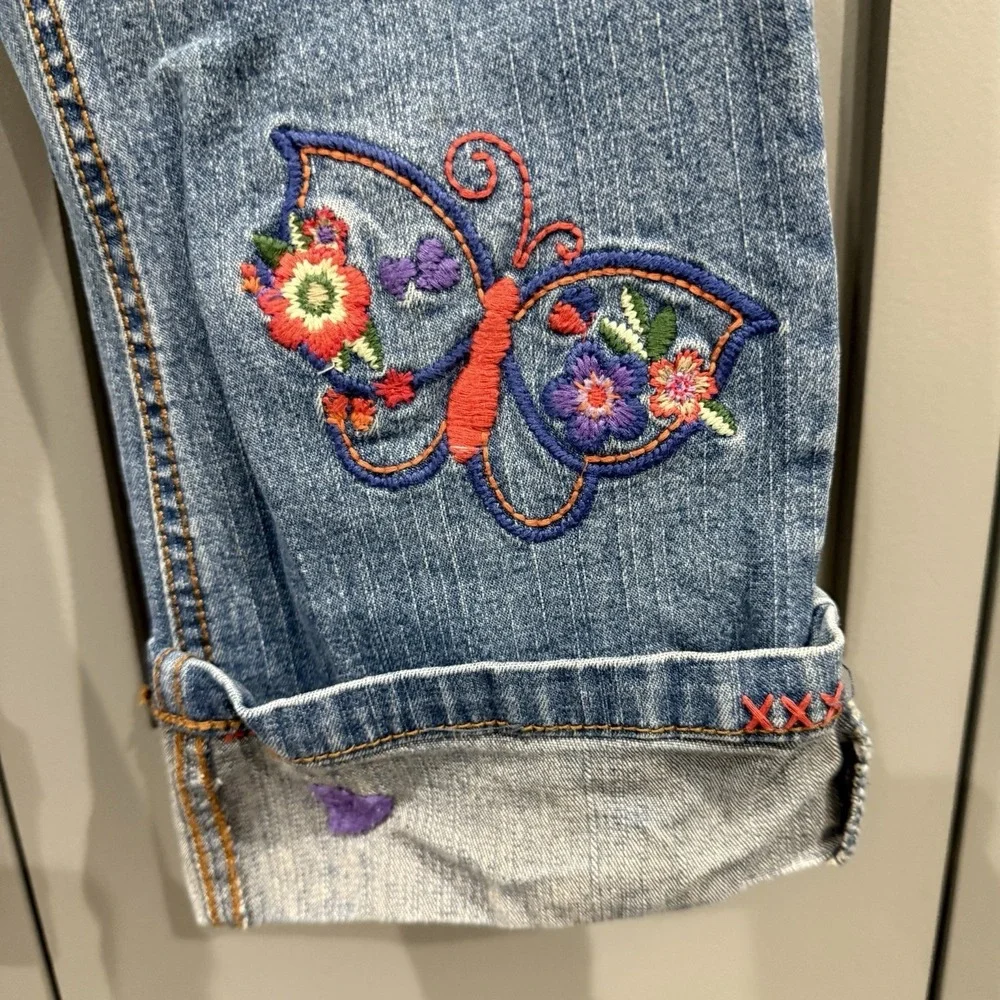 The Children's Place Embroidered Capri Pants Blue Jeans Girls 8 Floral Butterfly